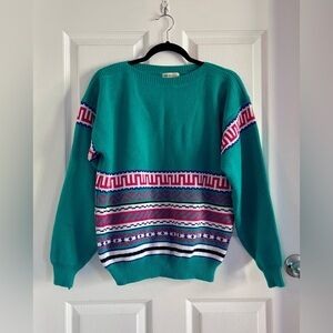 Vintage 80s 90s Izod Club Women’s Sweater Teal Pink Stripe Geometric Large